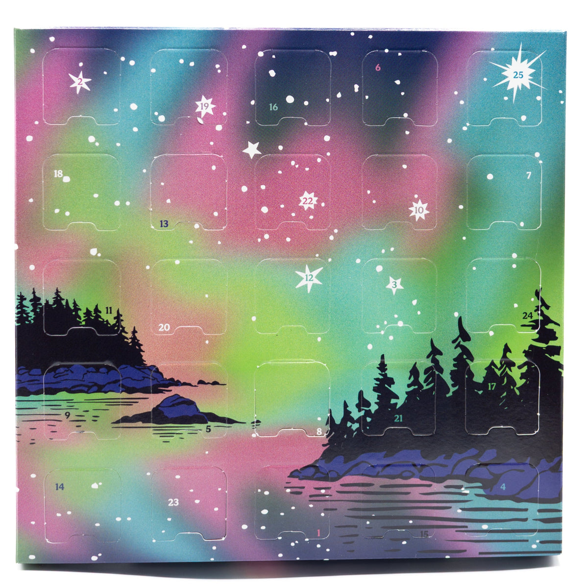 Advent calendar with a colorful Northern Lights design on a white background