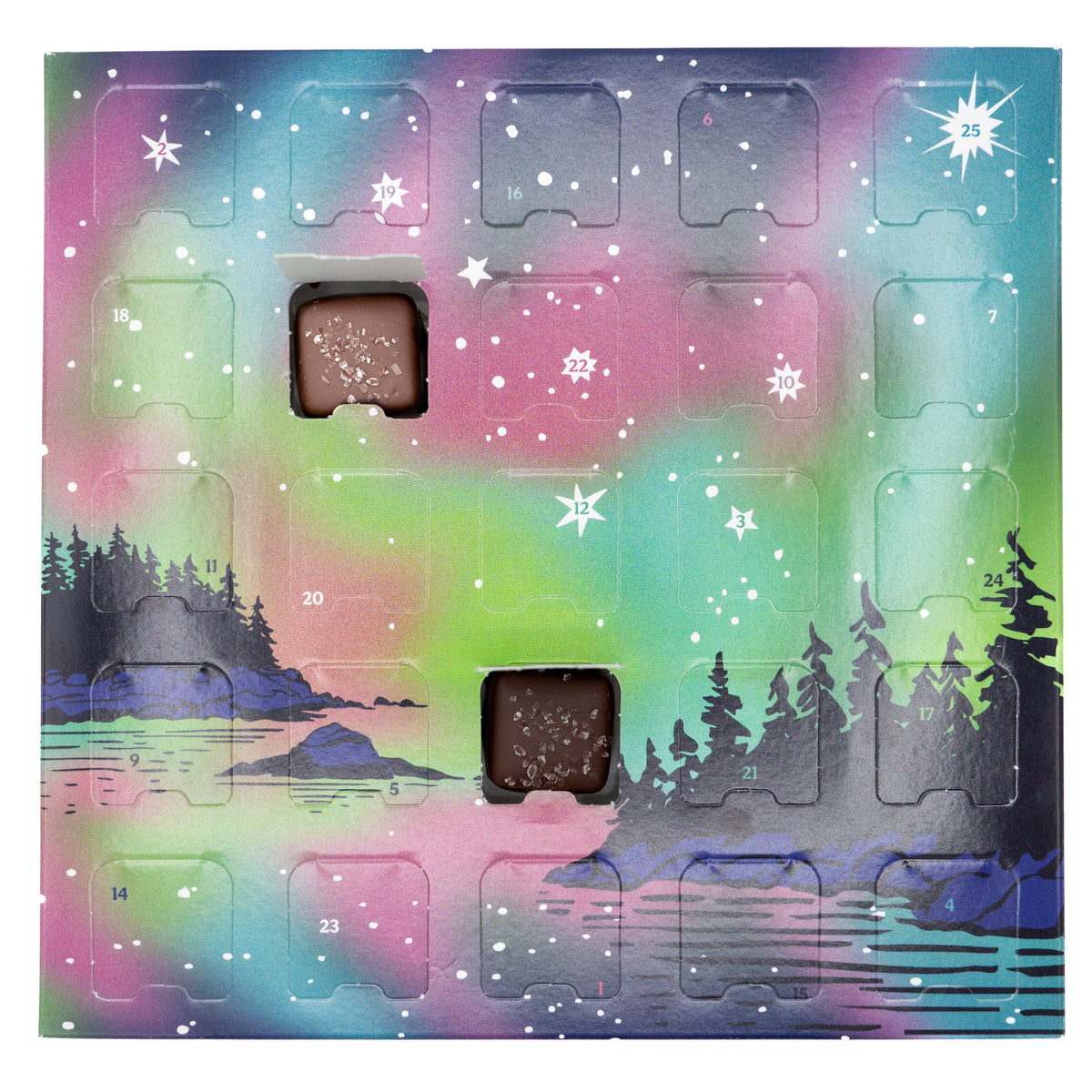 Decorative packaging with a colorful landscape design on a white background