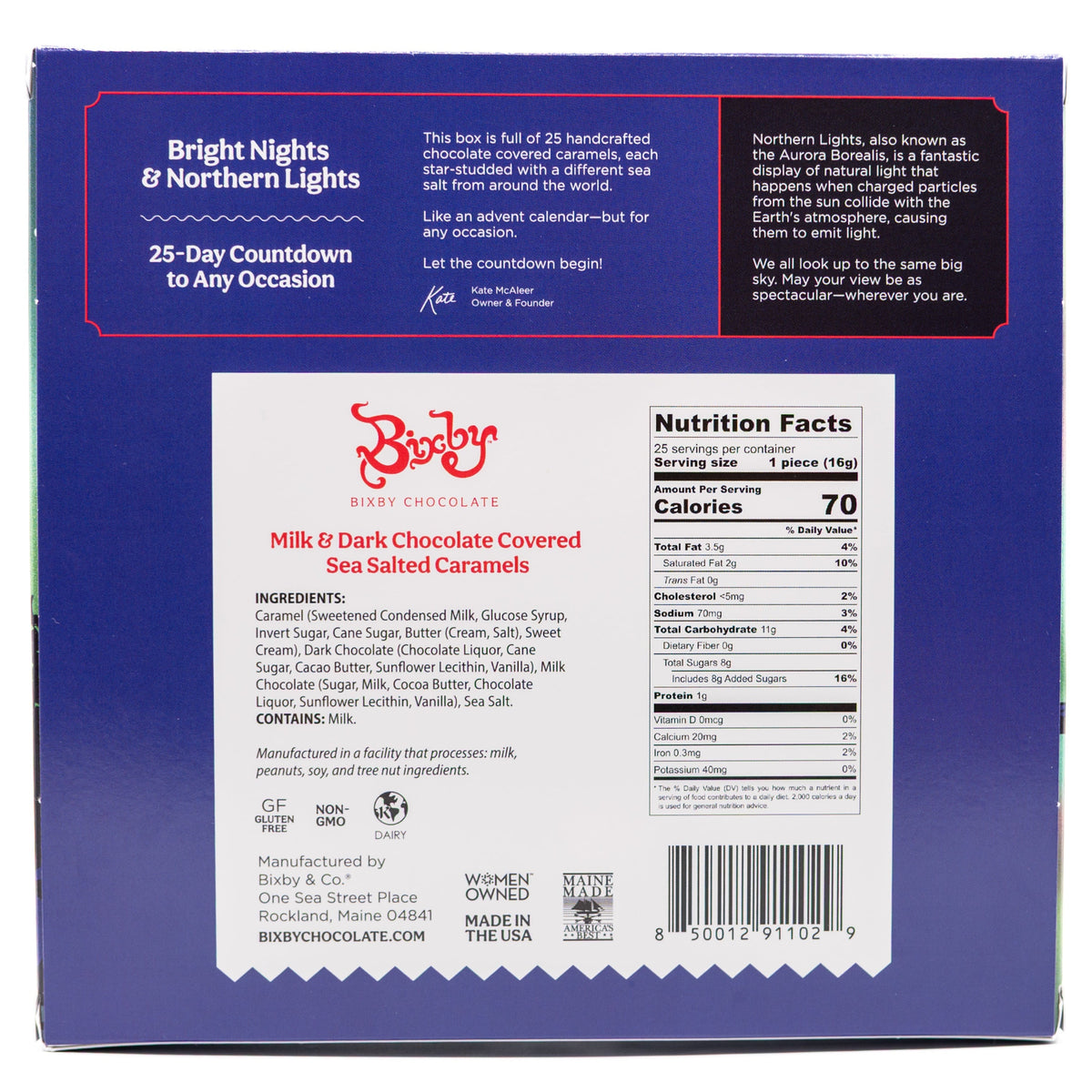 Back of a chocolate bar packaging with Nutritional Facts label and branding.